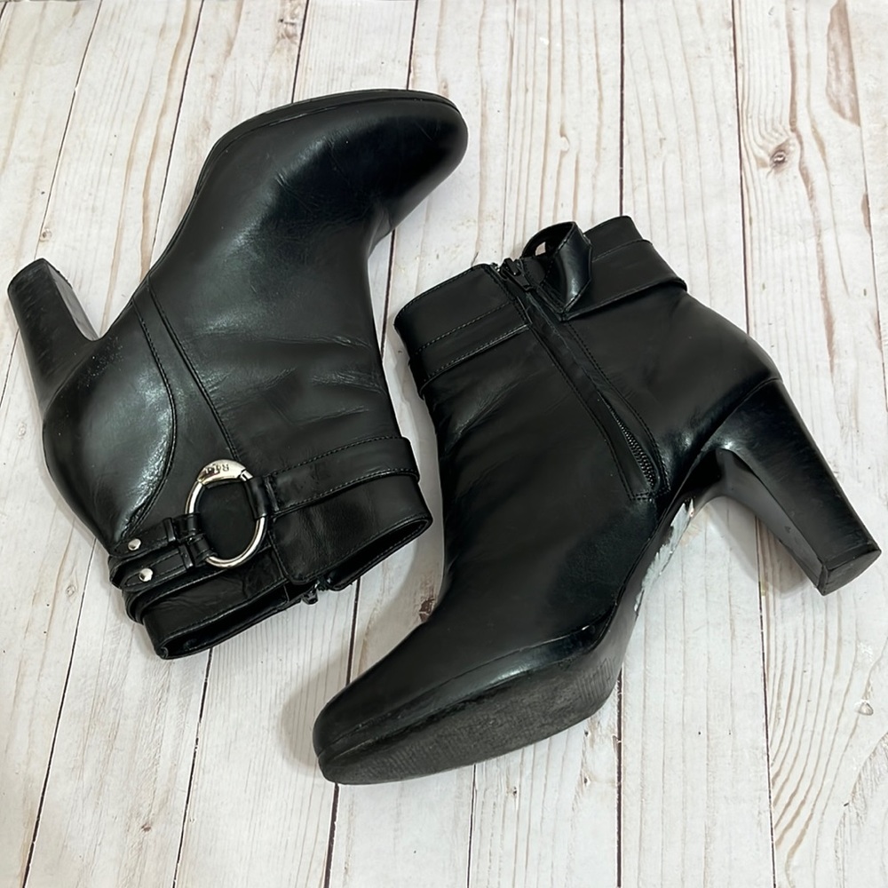 LRL Ralph Lauren Black Leather Booties 3-1/2” Heel Faux Silver Toned Buckles